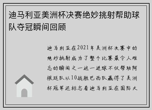 迪马利亚美洲杯决赛绝妙挑射帮助球队夺冠瞬间回顾